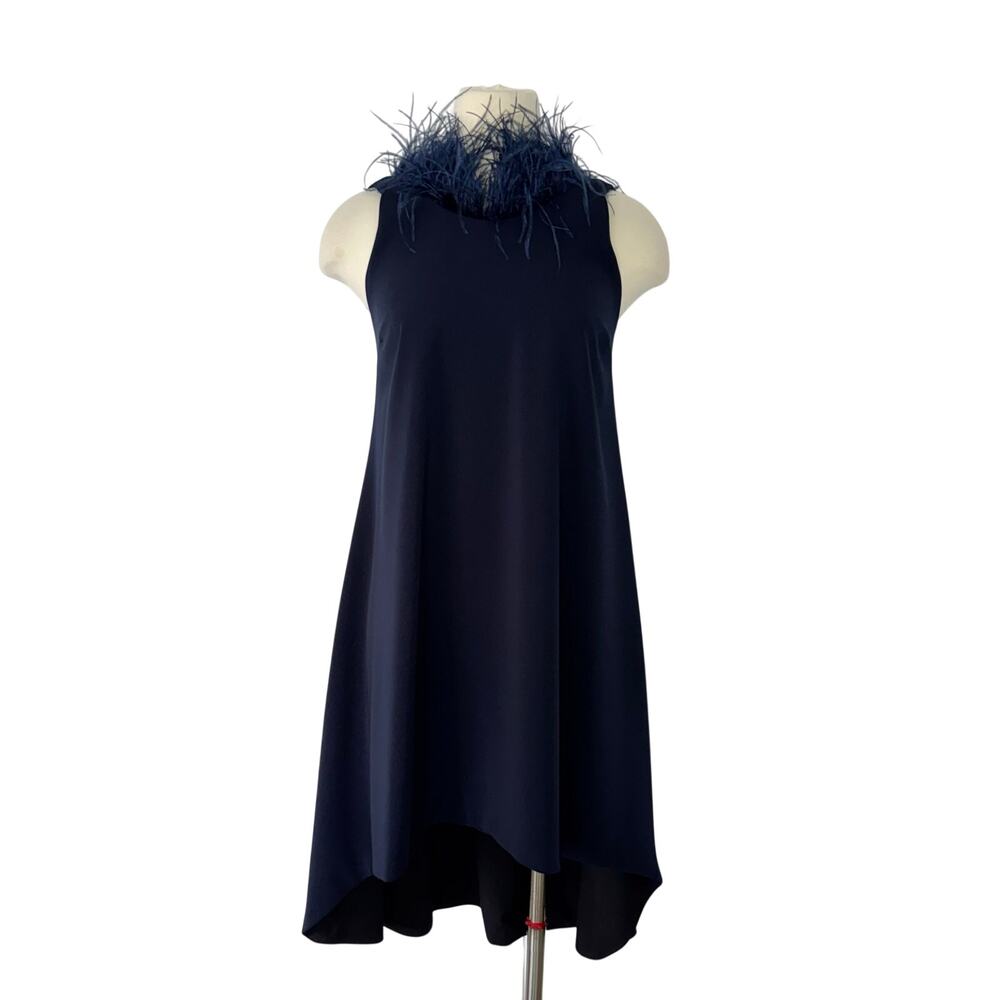 Camilyn Beth Feather Trim Crepe A-Line Shift Dress High-Low Hem Navy Blue 2